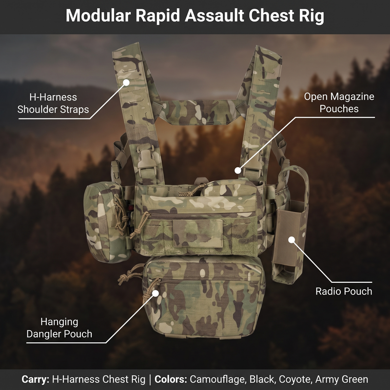 Feature overview of the modular chest rig: H-harness shoulder straps, open magazine pouches, radio pouch, hanging dangler pouch