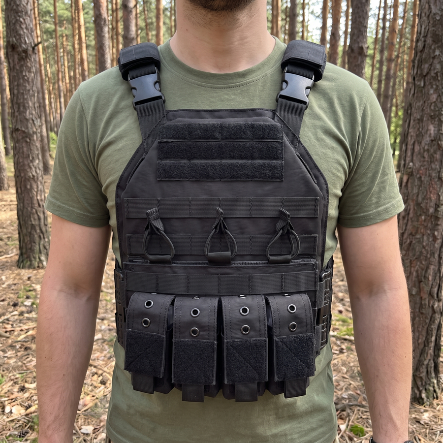 Black modular plate carrier with quick-release shoulder buckles worn in a forest