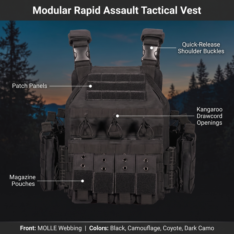 Feature overview of the modular rapid assault vest: quick-release shoulder buckles, patch panels, kangaroo drawcord openings, magazine pouches