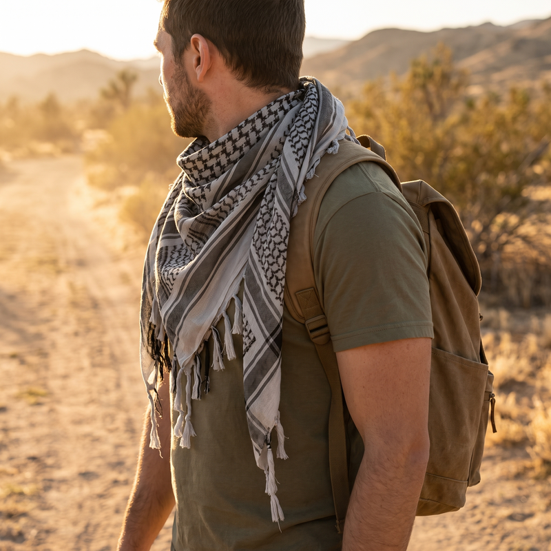 Hiker on a desert trail wearing the shemagh scarf around the neck
