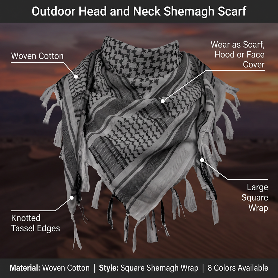Feature overview of the shemagh scarf: woven cotton, knotted tassel edges, large square wrap