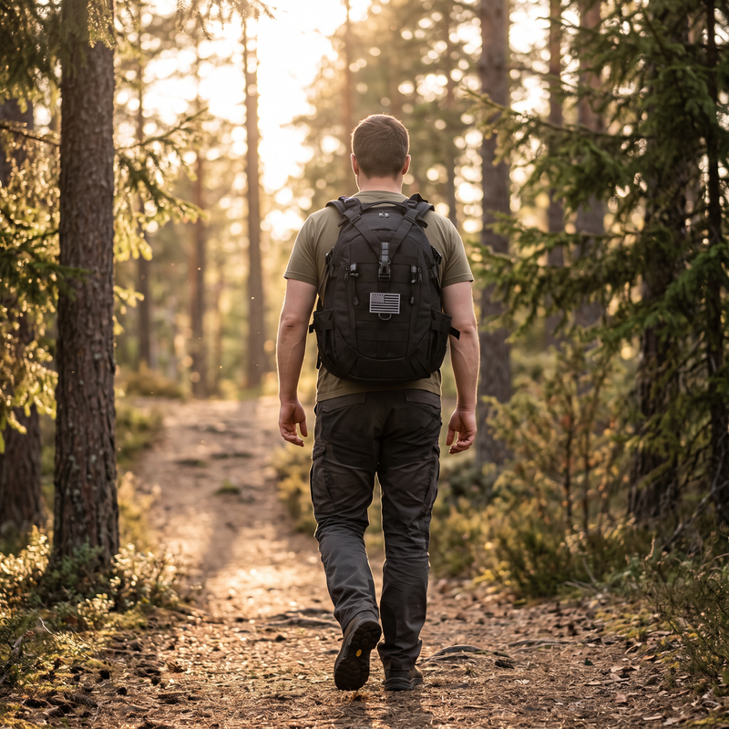 Hiker on a forest trail carrying the black assault backpack
