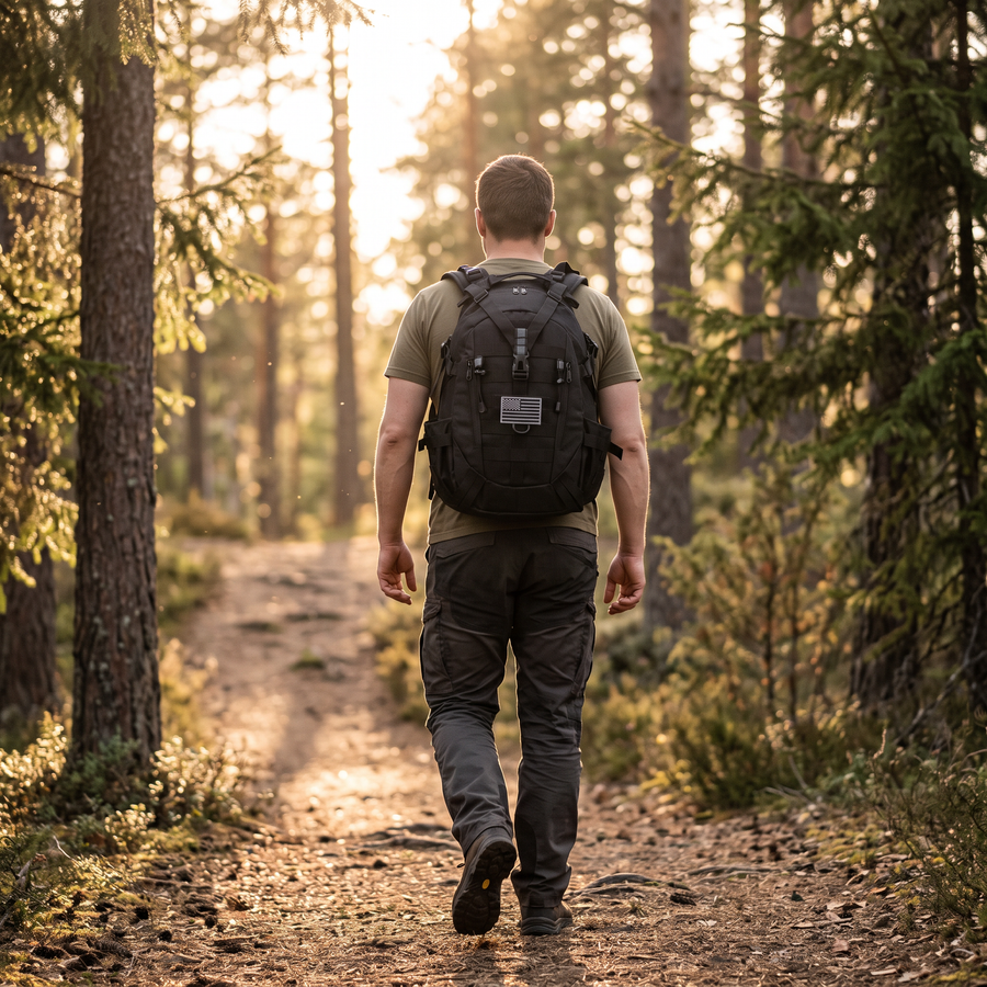 Hiker on a forest trail carrying the black assault backpack