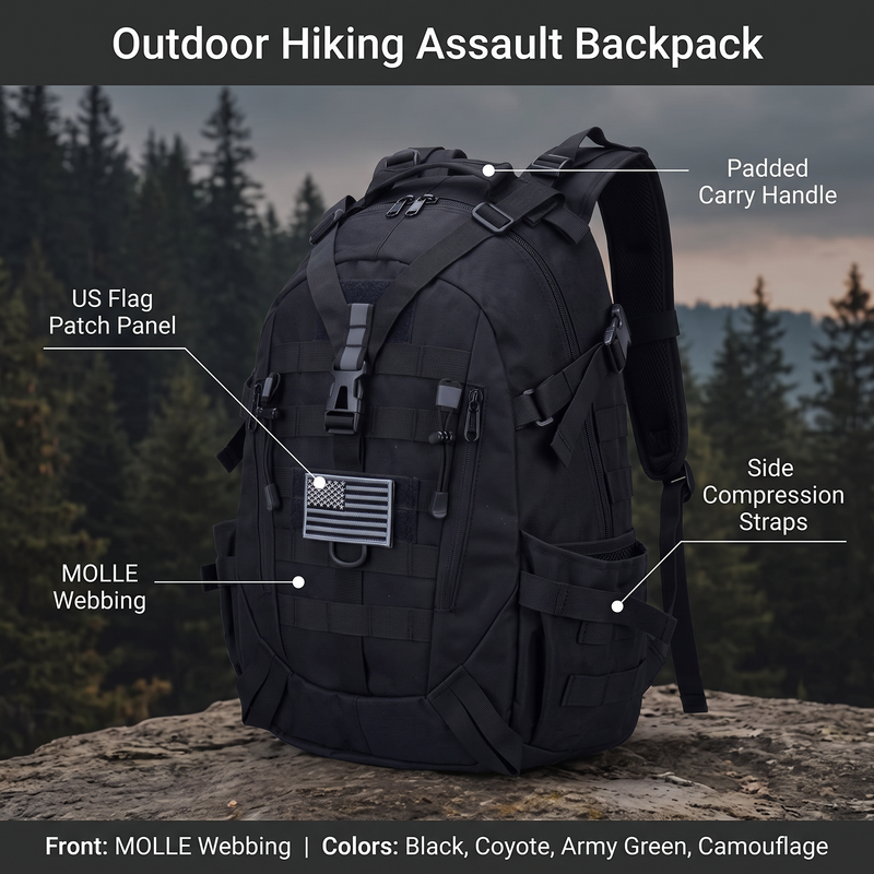 Feature overview of the assault backpack: US flag patch panel, MOLLE webbing, padded carry handle, side compression straps