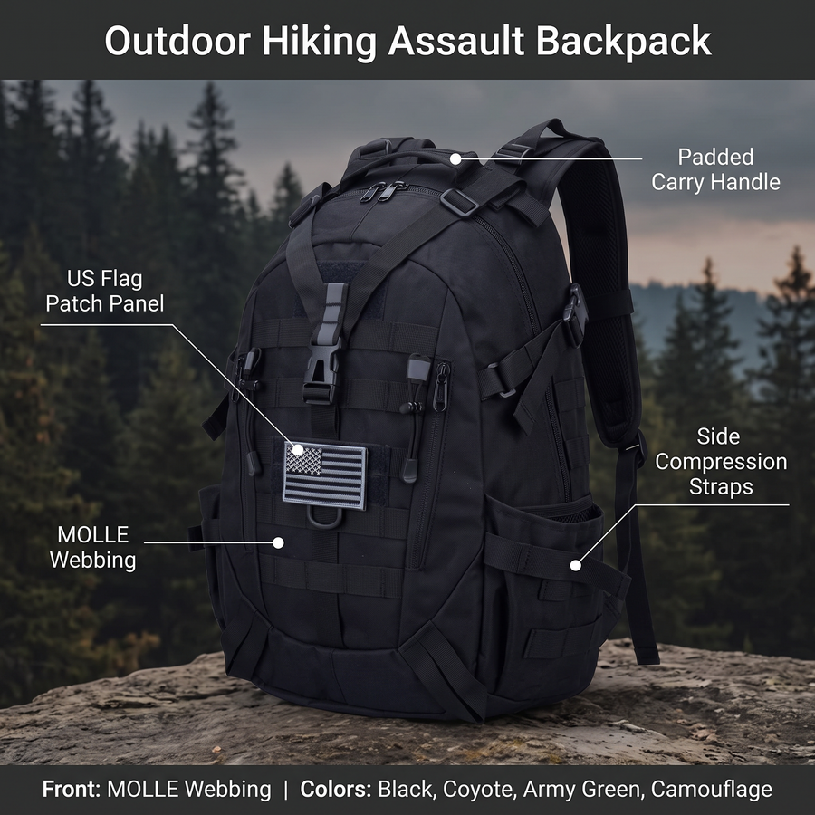 Feature overview of the assault backpack: US flag patch panel, MOLLE webbing, padded carry handle, side compression straps