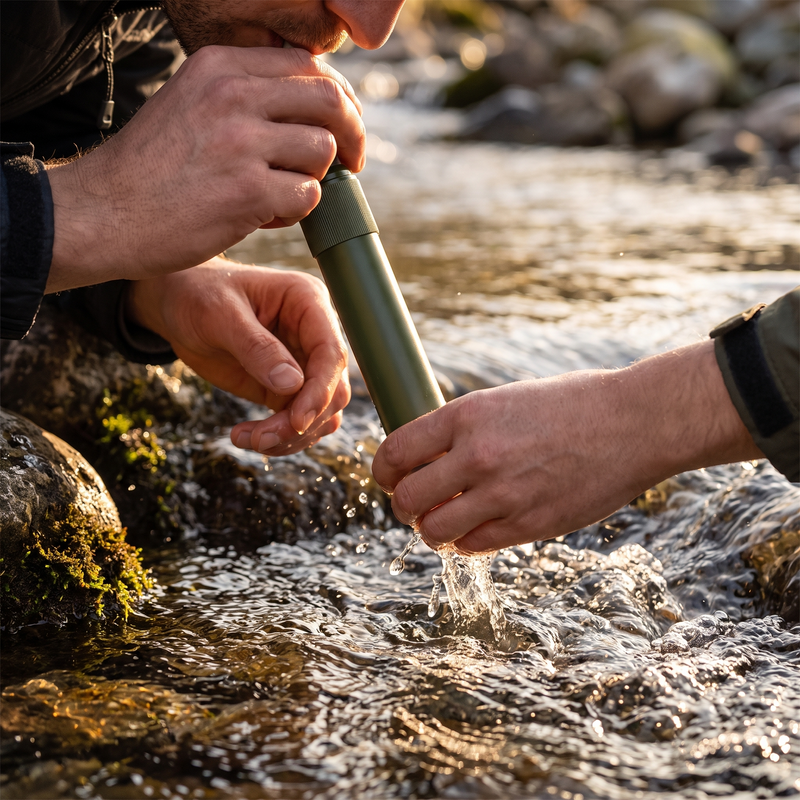 Portable Water Filter Straw Hiking and Camping Survival Gear shown in a styled home setting | Great Lakes Outdoor