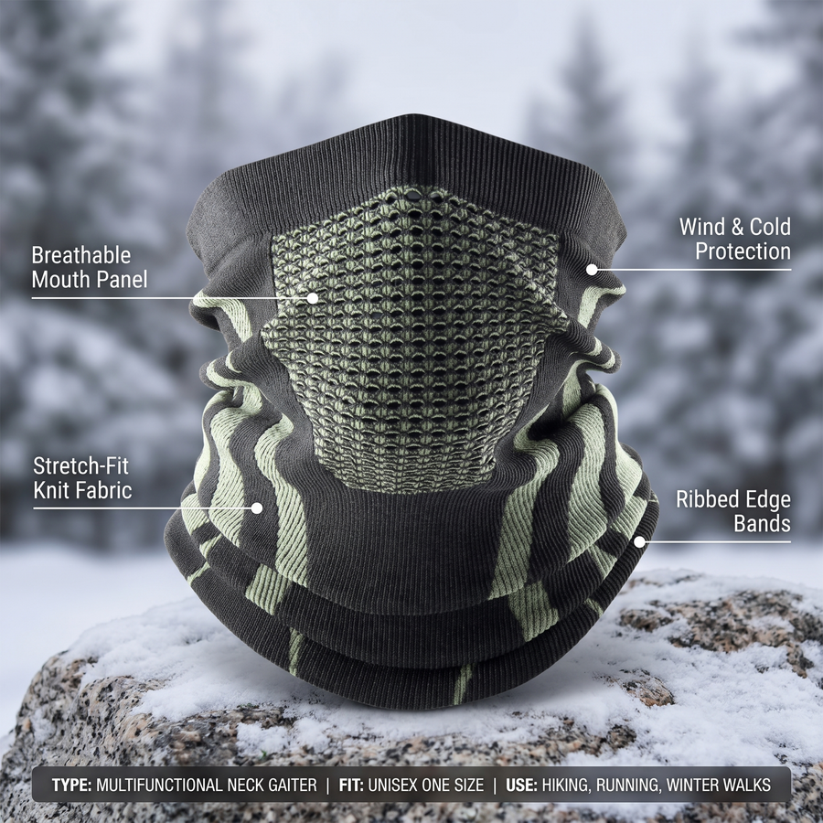 Premium multifunctional neck gaiter feature callouts: breathable mouth panel, stretch-fit knit fabric, wind and cold protection and ribbed edge bands