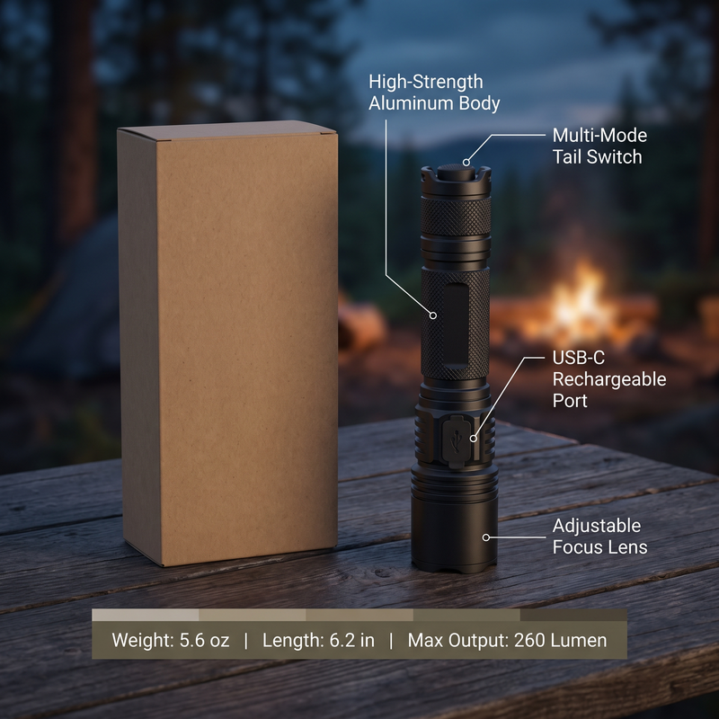 Rechargeable Tactical Flashlight – Power 260 Lumen – product view 3 | Great Lakes Outdoor