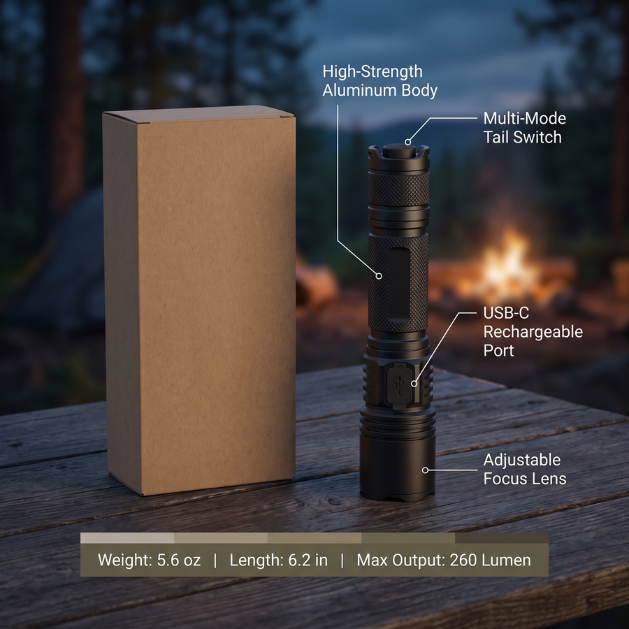 Rechargeable Tactical Flashlight – Power 260 Lumen – product view 3 | Great Lakes Outdoor