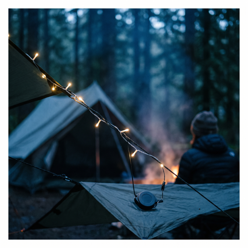 Retractable LED Camping Lights strung at a campsite at dusk