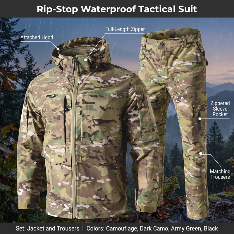 Feature overview of the rip-stop tactical suit: attached hood, full-length zipper, zippered sleeve pocket, matching trousers