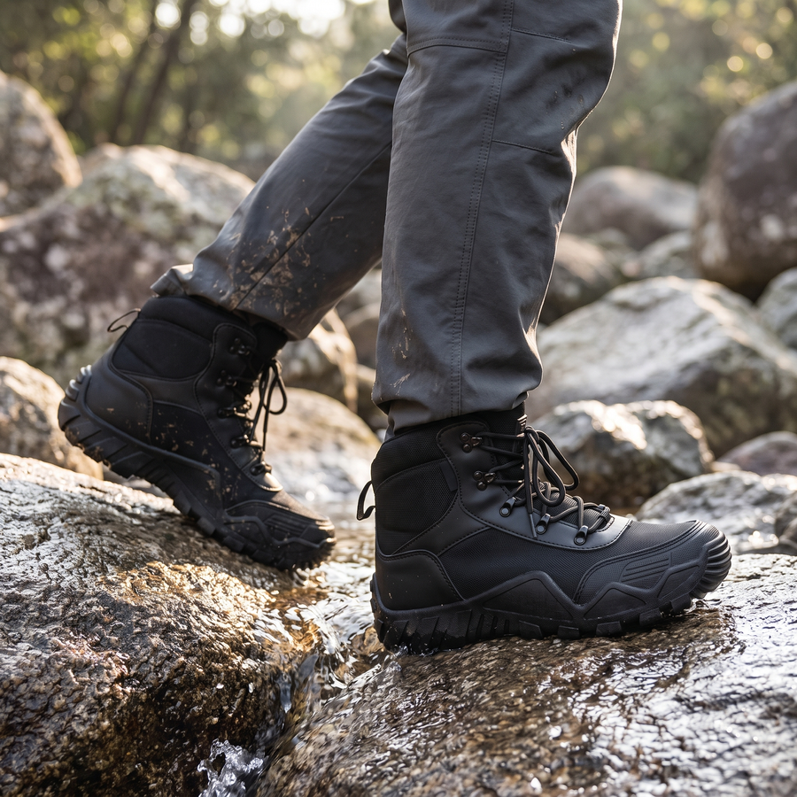 Hiker stepping across a wet rock in the black ShadowTrail Pro tactical boots