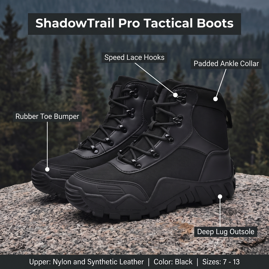 Feature overview of the ShadowTrail Pro tactical boots: rubber toe bumper, speed lace hooks, padded ankle collar, deep lug outsole