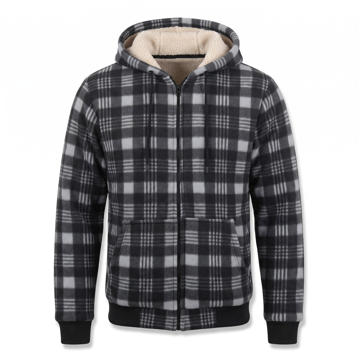 Sherpa Lined Fleece Hoodie Plaid Full Zip Warm Winter Jacket, product photo 1