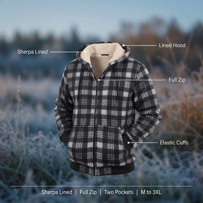 Sherpa Lined Fleece Hoodie Plaid Full Zip Warm Winter Jacket, product photo 2