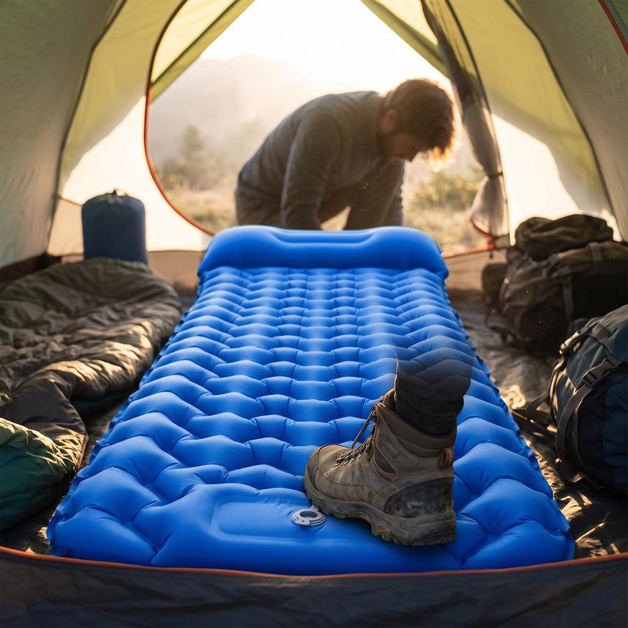 Single Camping Air Mattress Hand Pump Built In Pillow Sleeping Mat, product photo 3