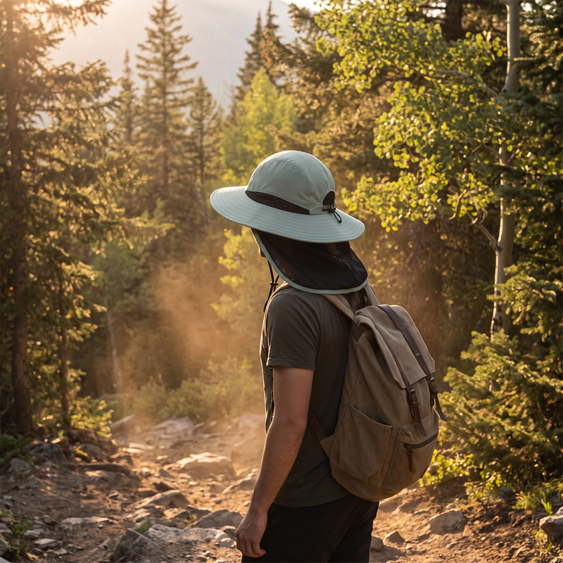 Hiker wearing the sun protection hiking hat on a forest trail
