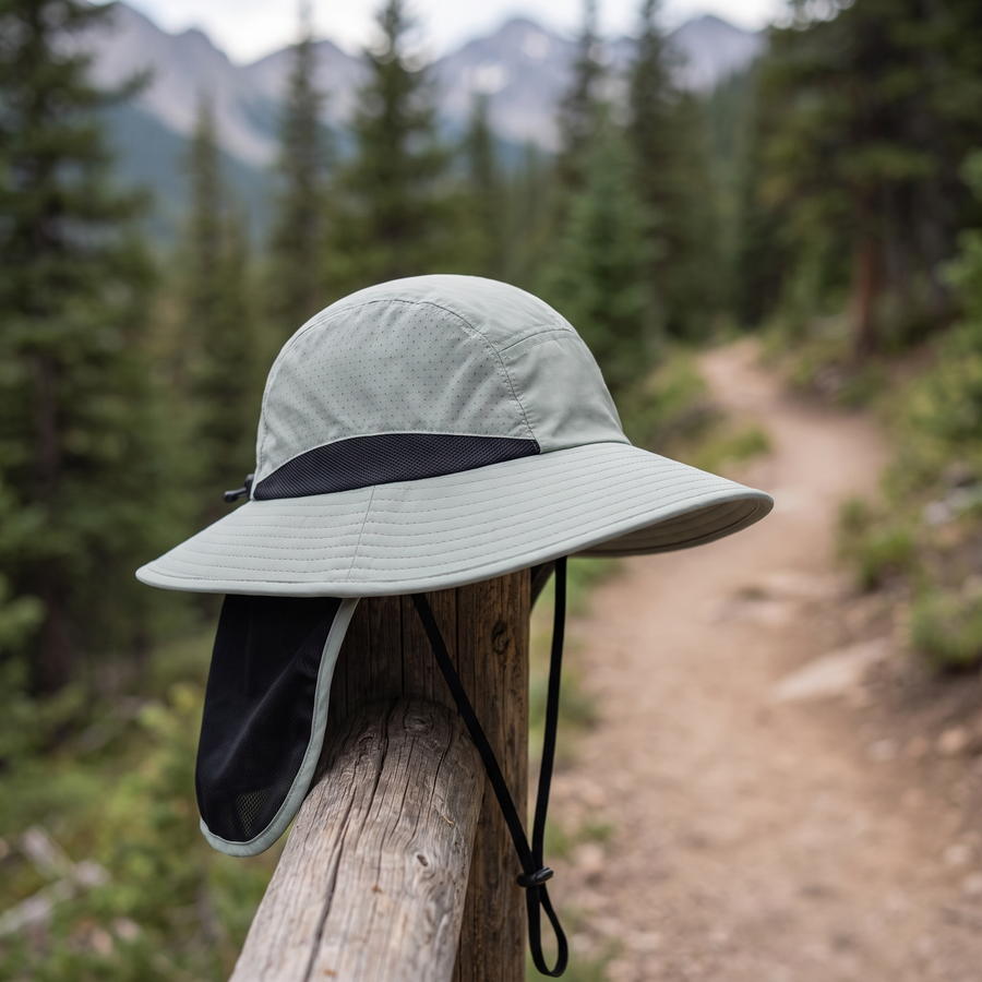 Sun protection hiking hat outdoors on a mountain trail