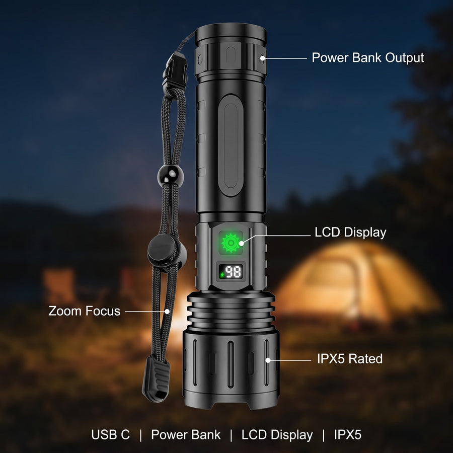Tactical LED Flashlight Zoom USB C Power Bank LCD Display Torch, product photo 2