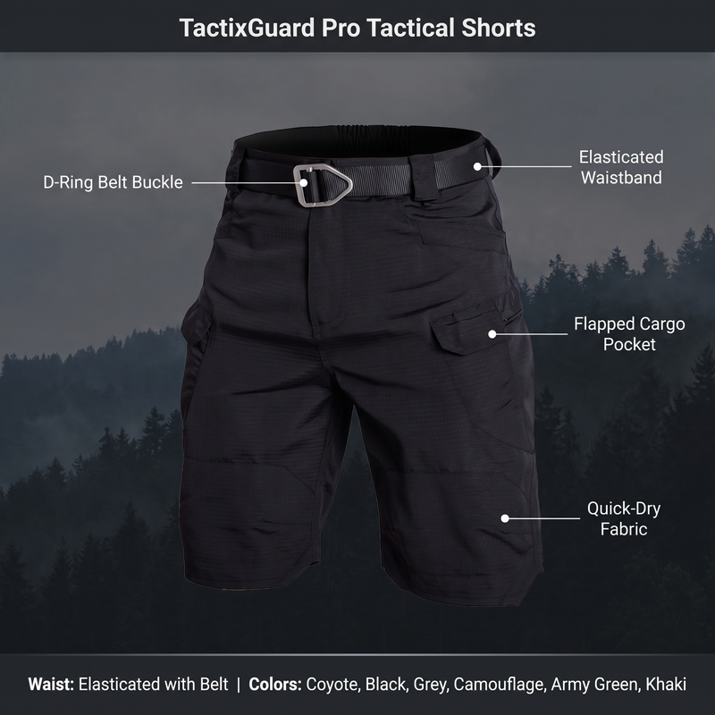 Feature overview of the TactixGuard Pro shorts: D-ring belt buckle, elasticated waistband, flapped cargo pocket, quick-dry fabric