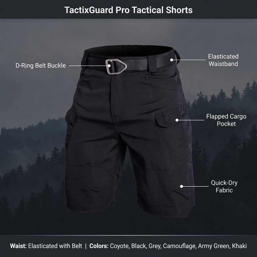 Feature overview of the TactixGuard Pro shorts: D-ring belt buckle, elasticated waistband, flapped cargo pocket, quick-dry fabric