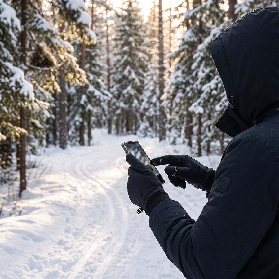 Hiker on a snowy forest trail using a smartphone while wearing the ThermoMax Waterproof Winter Gloves