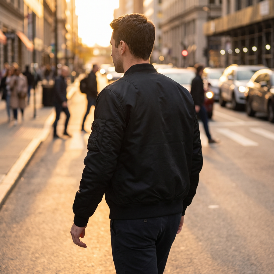 Man on a city street wearing the black MA-1 flight bomber jacket
