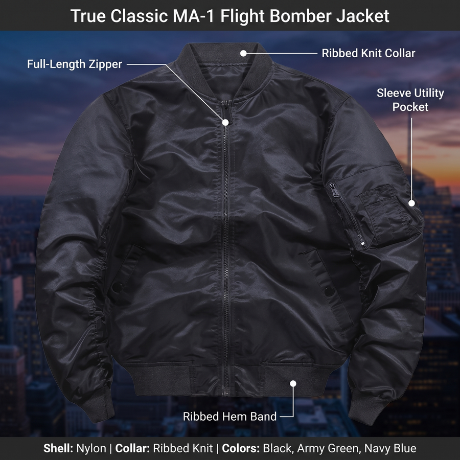 Feature overview of the MA-1 bomber jacket: ribbed knit collar, full-length zipper, sleeve utility pocket, ribbed hem band