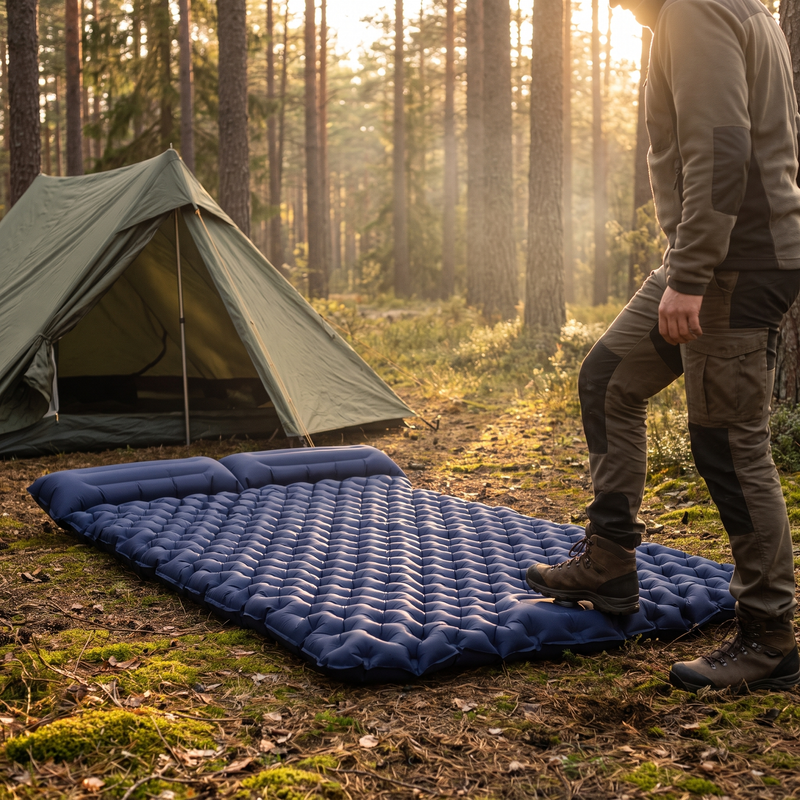 Inflating the two-person sleeping pad with the built-in foot pump