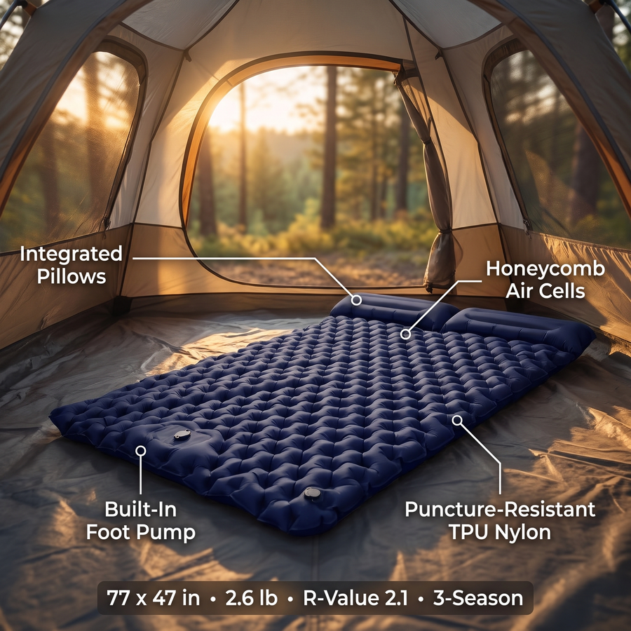 Two-Person Inflatable Sleeping Pad Camping Mat with Built-In Pillows – features and specifications overview | Great Lakes Outdoor
