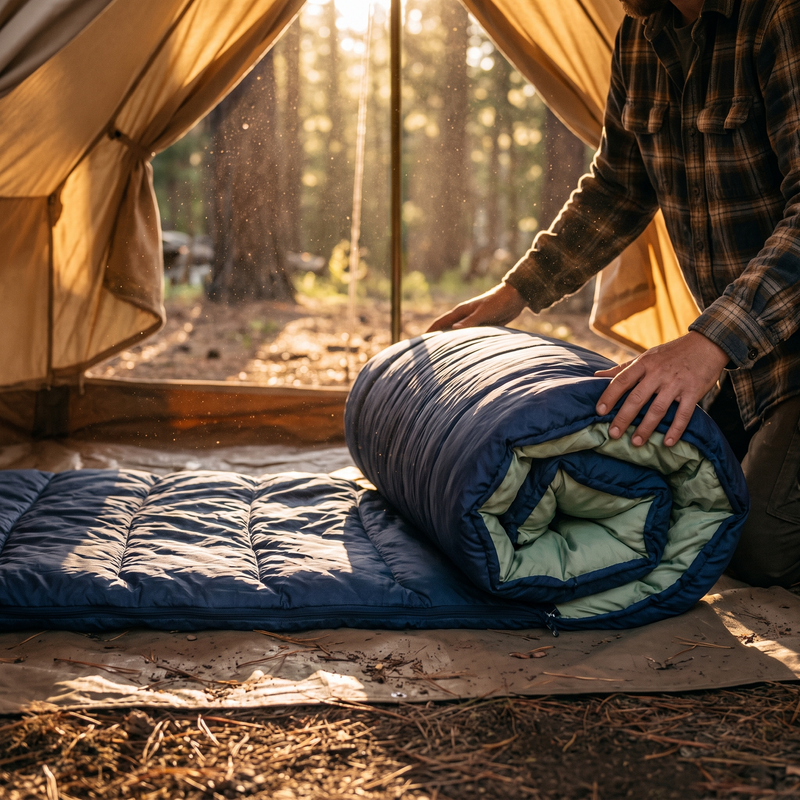 Ultralight 3-Season Mummy Sleeping Bag for Backpacking and Camping shown in a styled home setting | Great Lakes Outdoor
