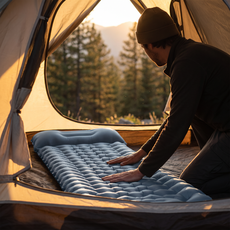 Camper smoothing out the inflated ultralight sleeping pad inside a tent at golden hour