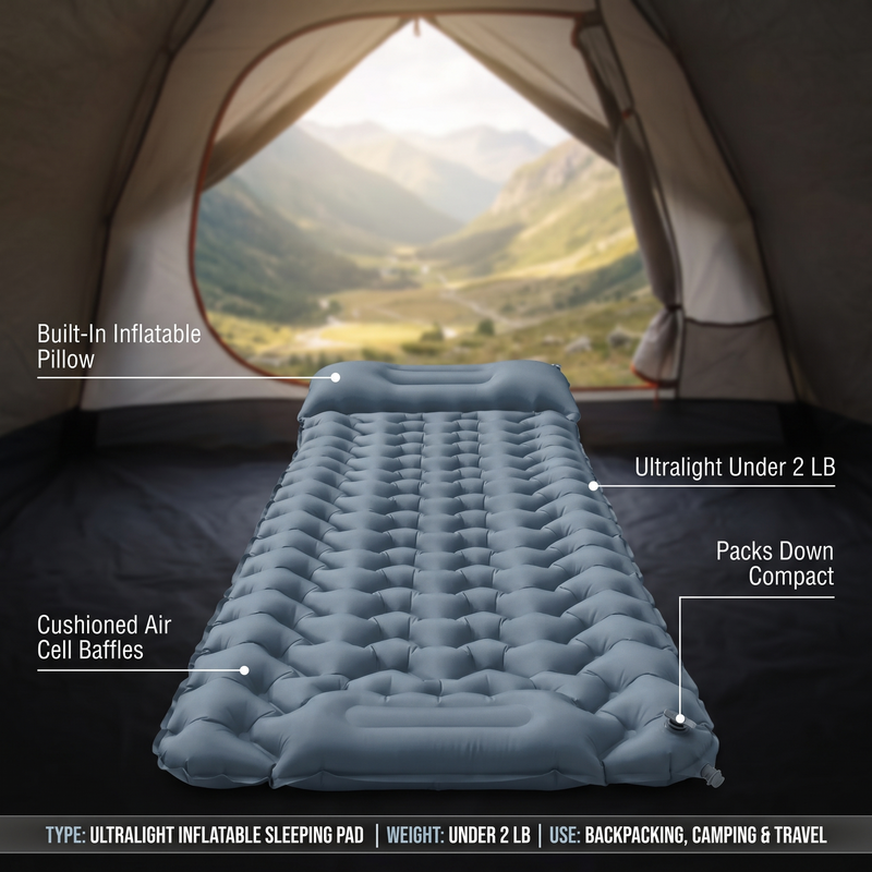 Ultralight sleeping pad feature callouts: built-in inflatable pillow, cushioned air cell baffles, ultralight under 2 lb and packs down compact