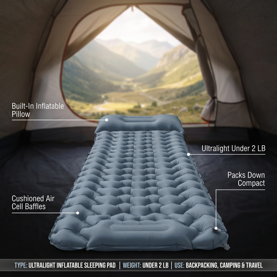 Ultralight sleeping pad feature callouts: built-in inflatable pillow, cushioned air cell baffles, ultralight under 2 lb and packs down compact