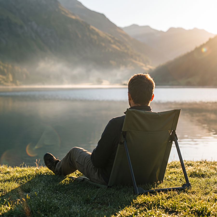 Relaxing in the ultralight ground chair at a mountain lake