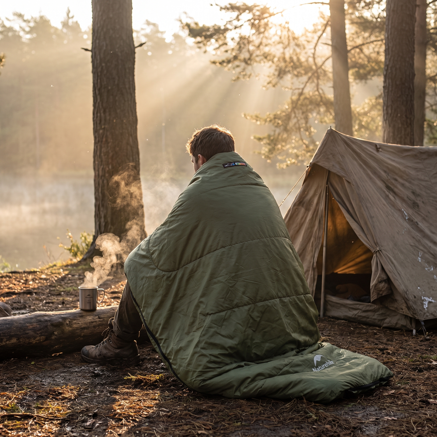 Camper wrapped in ultralight sleeping bag at misty lakeside campsite
