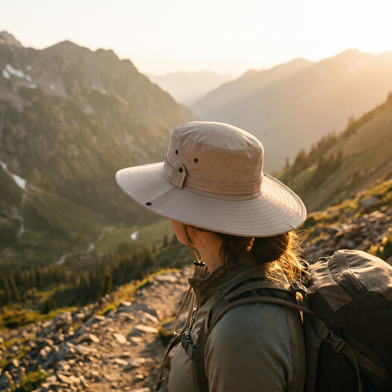 Hiker wearing the wide brim hiking hat overlooking an alpine valley