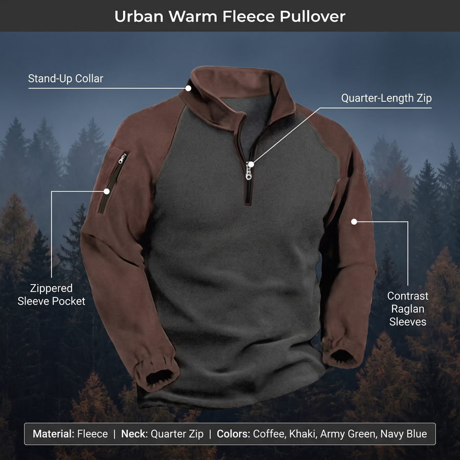 Feature overview of the urban warm fleece pullover: stand-up collar, quarter-length zip, zippered sleeve pocket, contrast raglan sleeves