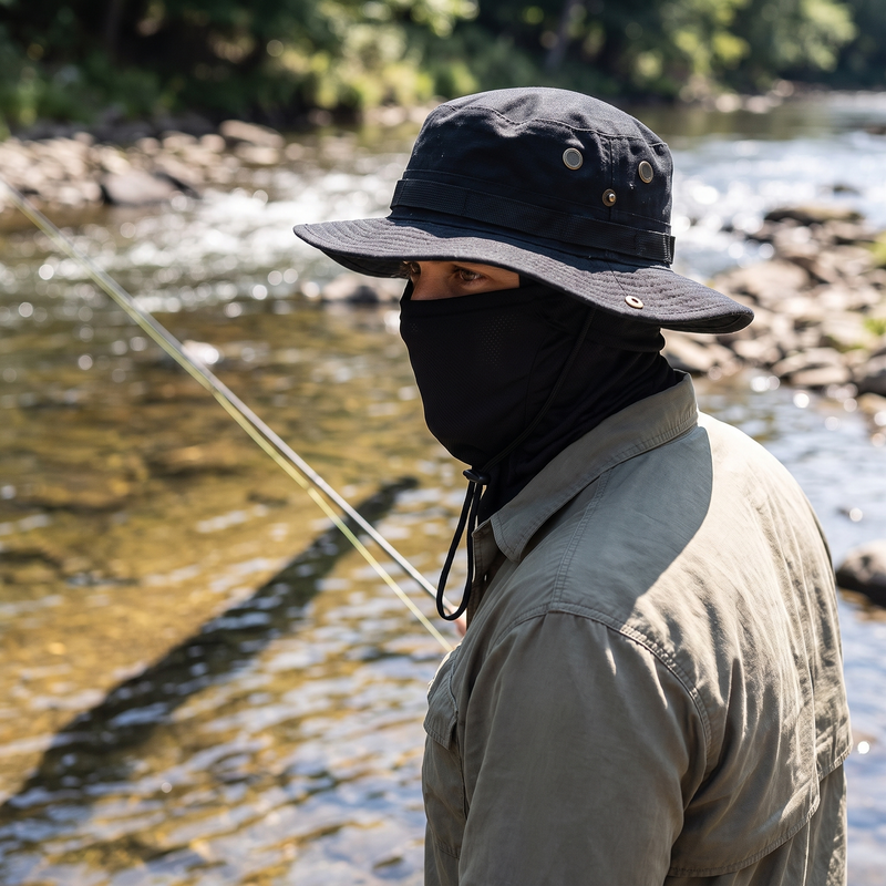 Angler at a river wearing the black boonie hat with attached mesh face cover