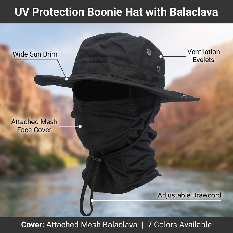 Feature overview of the UV protection boonie hat: wide sun brim, attached mesh face cover, ventilation eyelets, adjustable drawcord