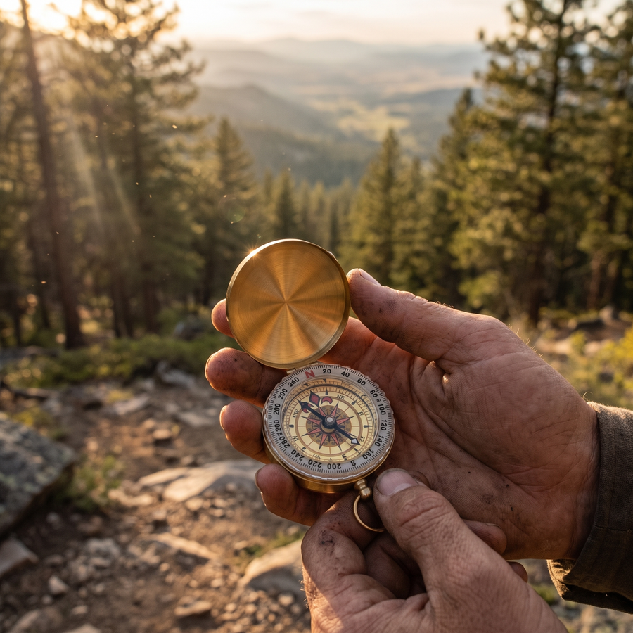 Hands holding brass pocket compass on mountain trail