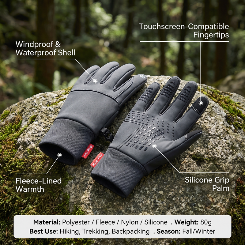 Waterproof hiking gloves infographic - windproof waterproof shell, touchscreen fingertips, fleece lining, silicone grip