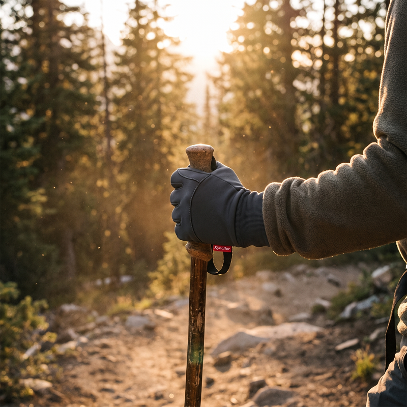 Hiker wearing waterproof touchscreen gloves on mountain trail at golden hour