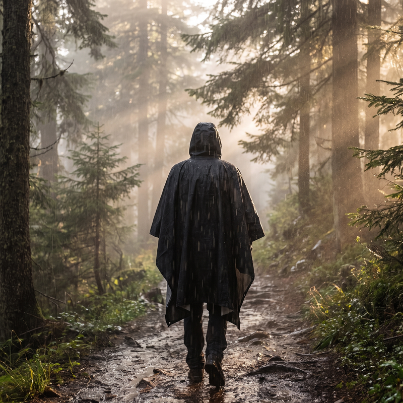 Hiker wearing rain poncho on rainy forest trail