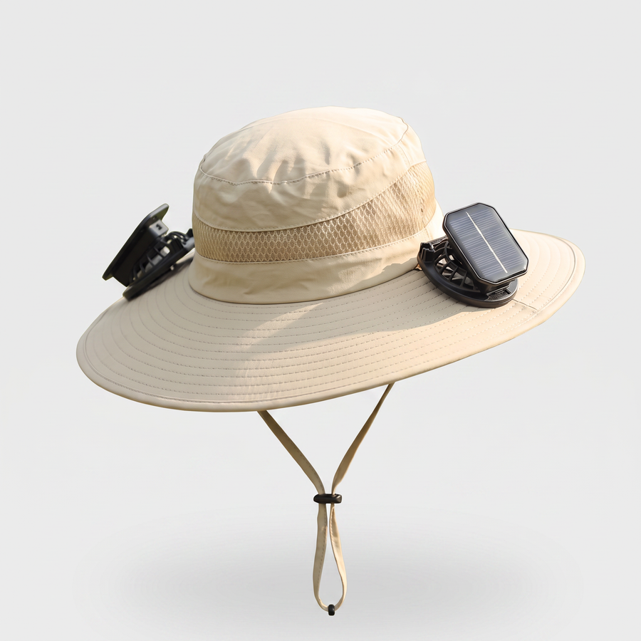 Wide Brim Sun Hat with Solar Fans in khaki with two clip-on solar fan units on the brim, shown on a plain studio background