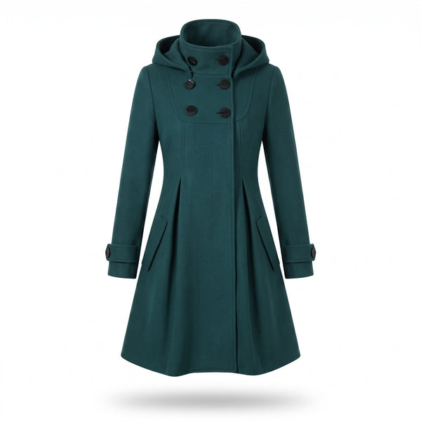 Women's A Line Hooded Winter Coat Double Breasted Funnel Neck Pleats