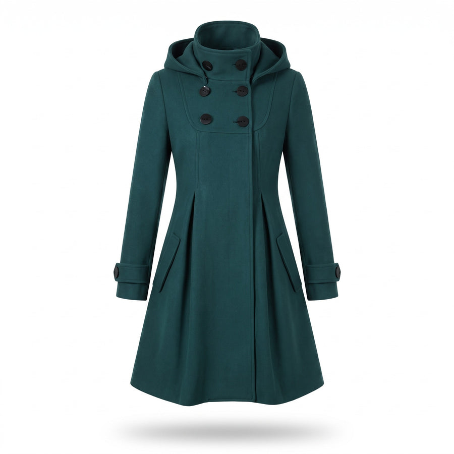 Women's A Line Hooded Winter Coat Double Breasted Funnel Neck Pleats, product photo 1