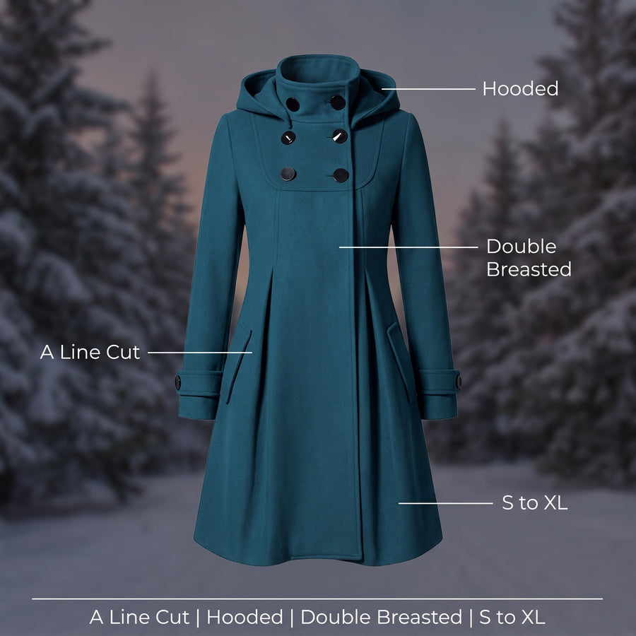 Women's A Line Hooded Winter Coat Double Breasted Funnel Neck Pleats, product photo 2