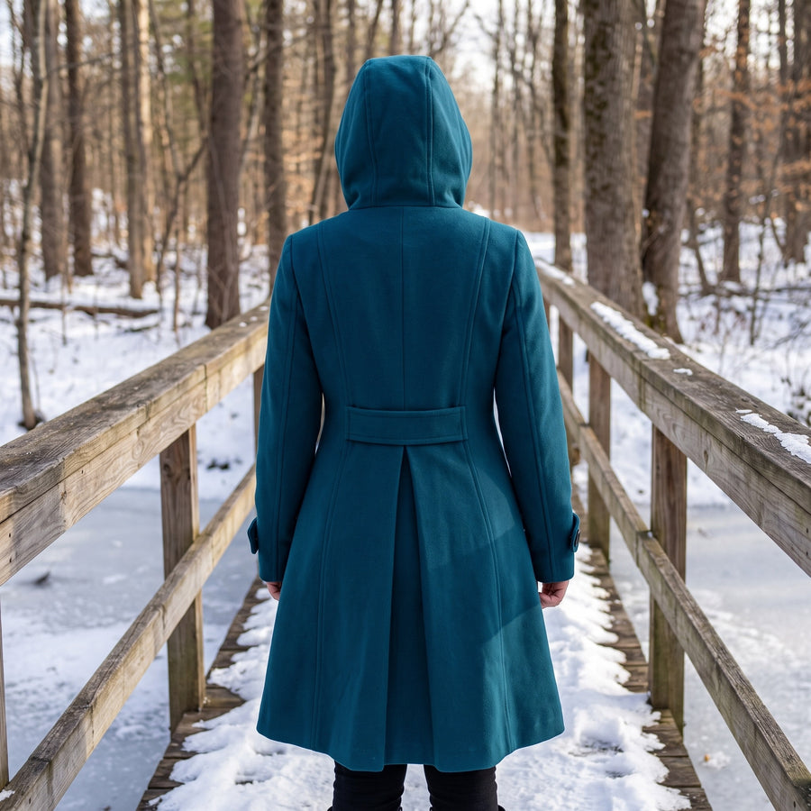 Women's A Line Hooded Winter Coat Double Breasted Funnel Neck Pleats, product photo 5