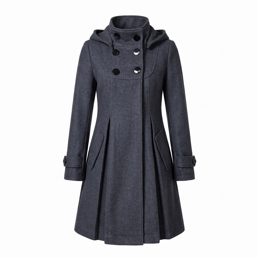 Women's A Line Hooded Winter Coat Double Breasted Funnel Neck Pleats, product photo 6